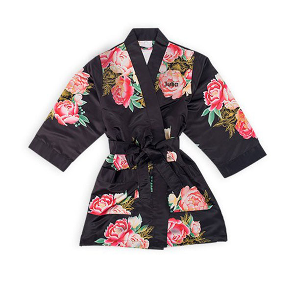 Personalized Flower Girl Satin Robe With Pockets - Black Floral