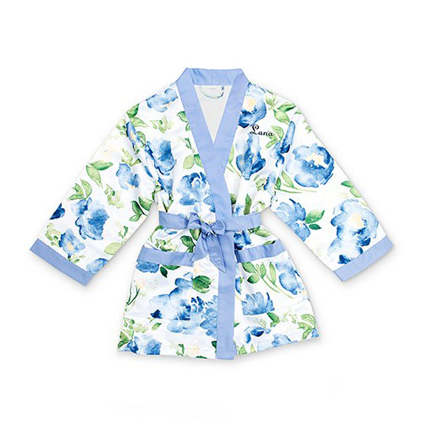 Personalized Flower Girl Satin Robe With Pockets - Blue Floral