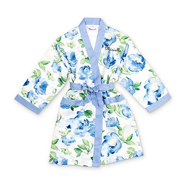 Personalized Junior Bridesmaid Satin Robe With Pockets - Blue Floral