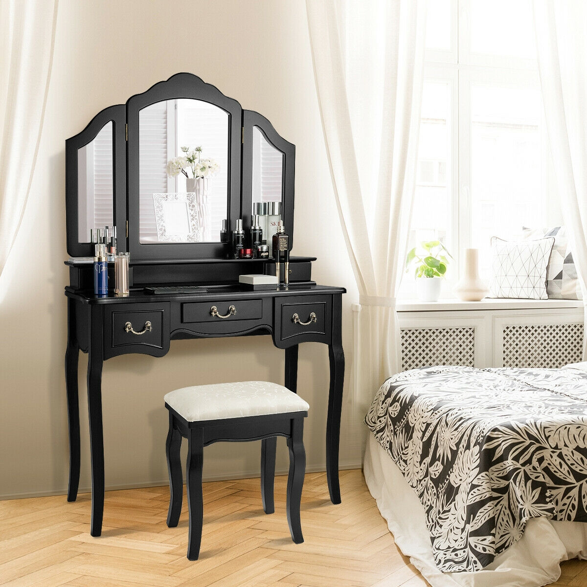Tri-Folding Vanity Makeup Dressing Table Set With Cushioned Stool