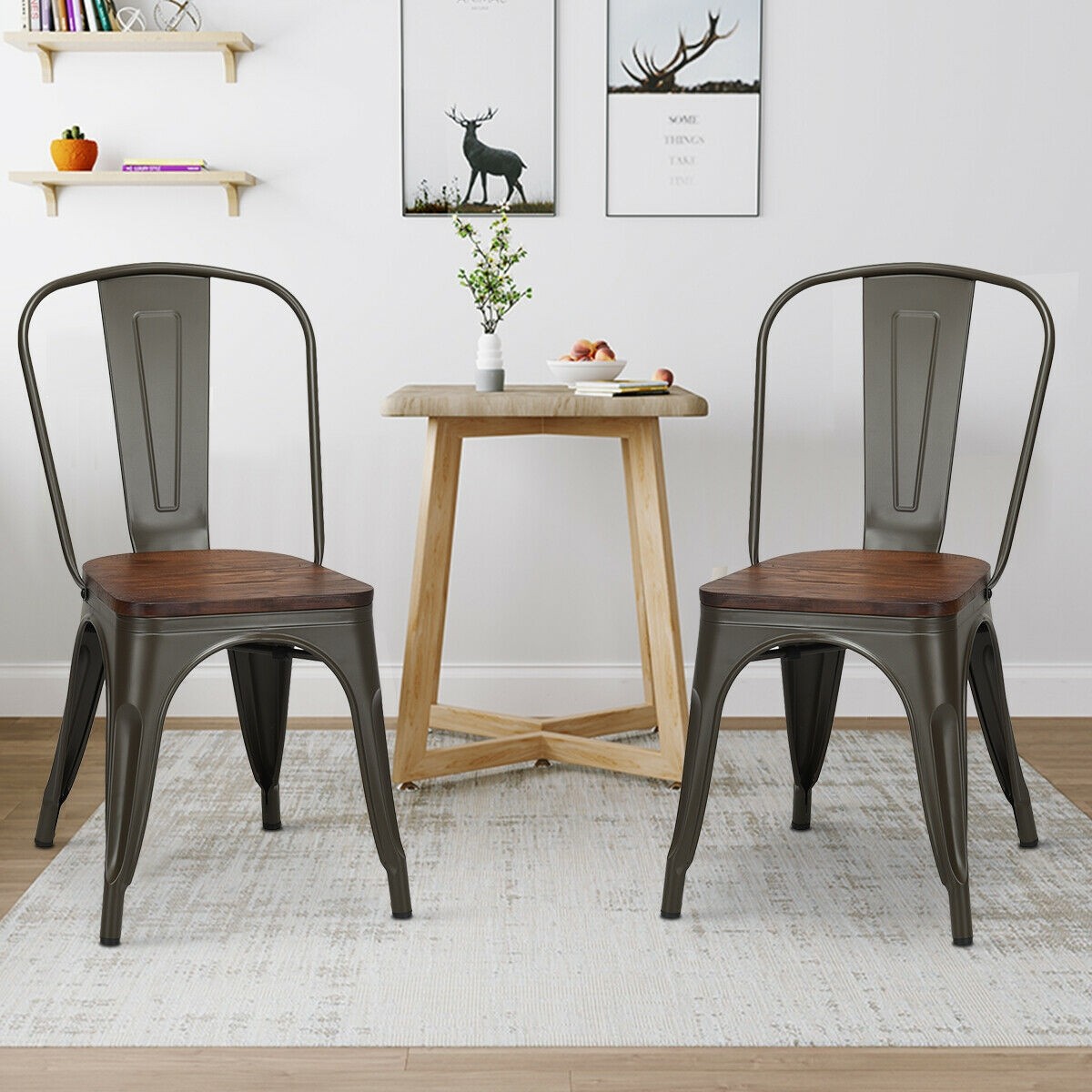 Set Of 4 Stackable Tolix Style Metal Wood Dining Chair