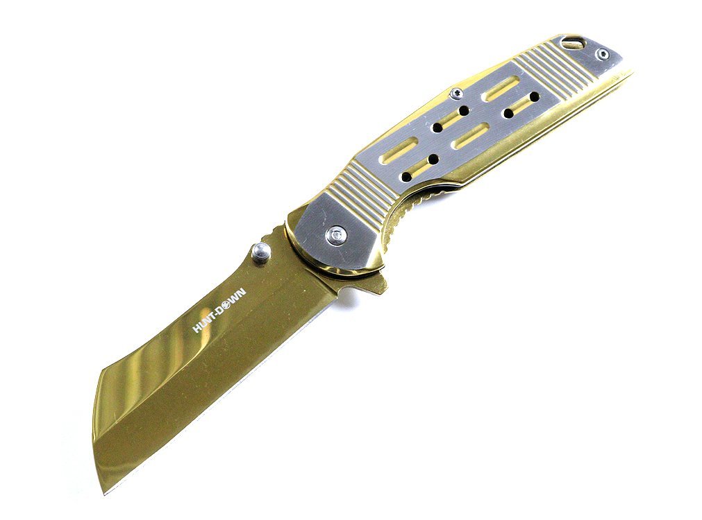 Hunt Down 8.75 in. Gold Color Razor Style Blade Spring Assist Folding Knife 3CR13