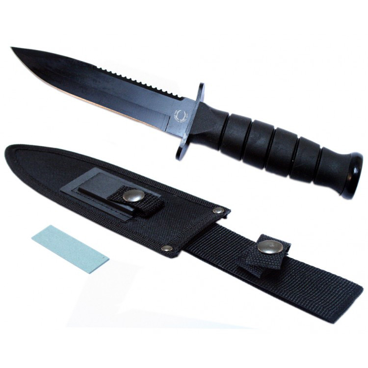 10.5 in. Hunting Knife With Nylon Button Sheath & Blade Sharpener All Black