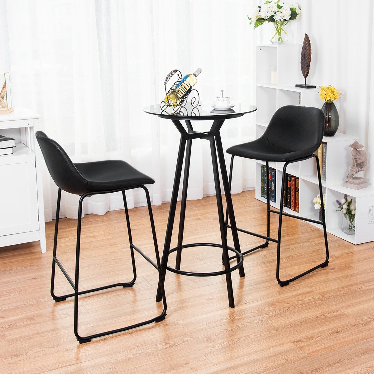 2-Set PU Leather Pub Barstools Side Chairs With Backrest