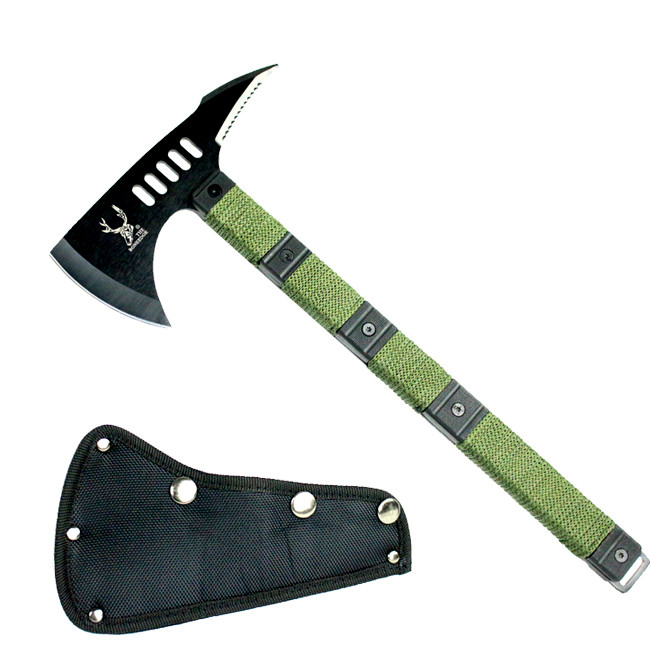 14 1/2 in. The Bone Edge Black Blade Tactical Axe with Sheath Green Handle