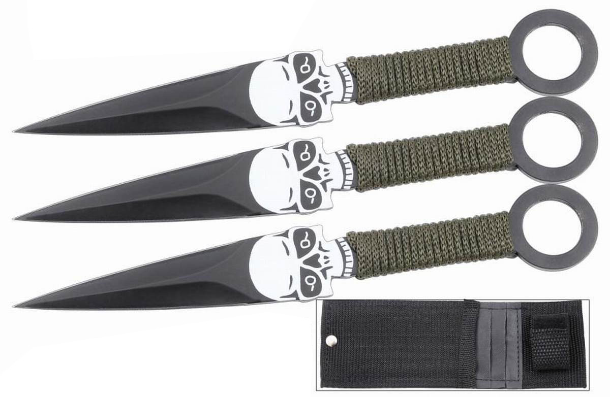 Set of 3 Throwing Knives with a Skull Design & Sheath