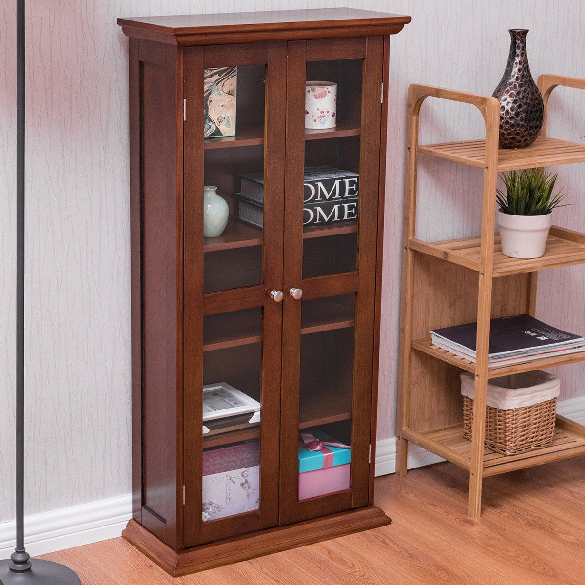 Wood Media Storage Cabinet CD Shelves With Tower Glass Doors