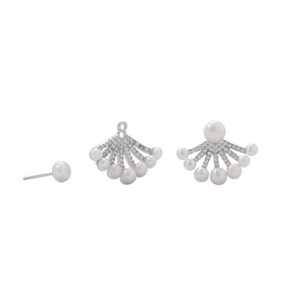  Rhodium Plated CZ and Cultured Freshwater Pearl Front/Back Earrings