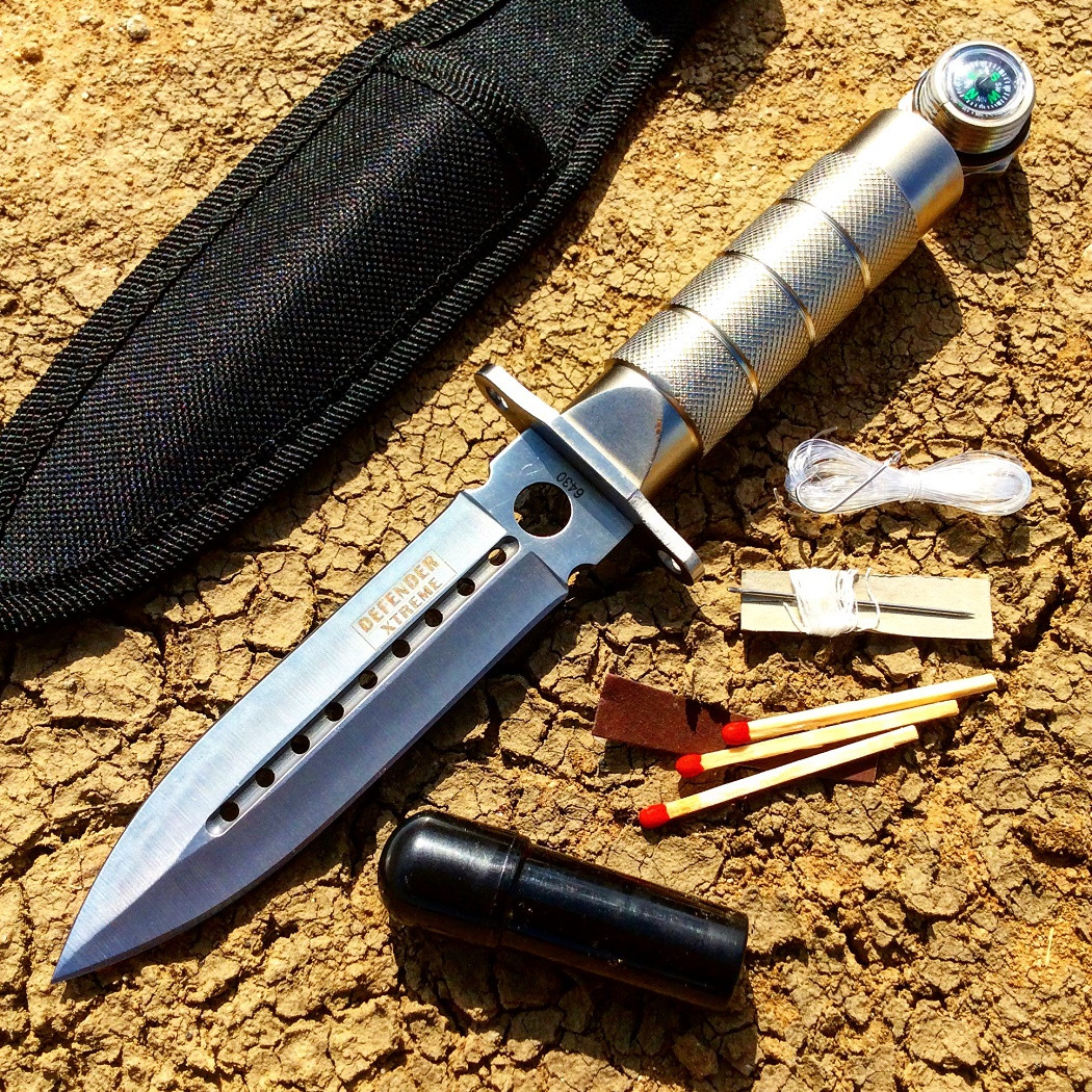 8 in. Silver Survival Knife With Survival Kit & Sheath