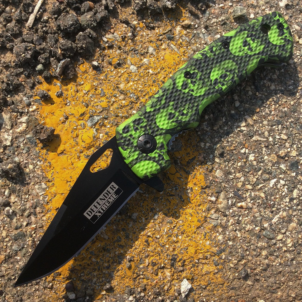 7.5 in. Mini Folding Spring Assisted Knife Green Skull Handle Design With Clip
