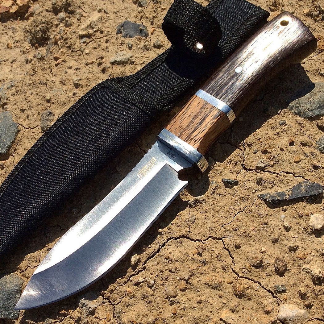 9.5 in. Hunting Knife Silver Stainless Steel Brown Wood Handle with Sheath