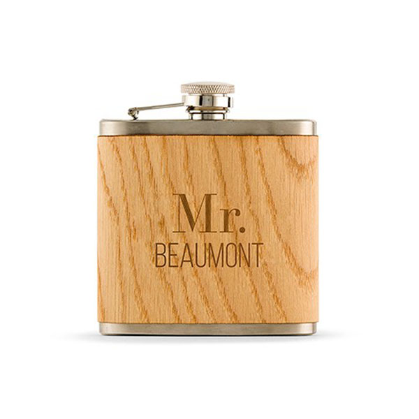 Personalized Wood Wrapped Flask - Modern Text