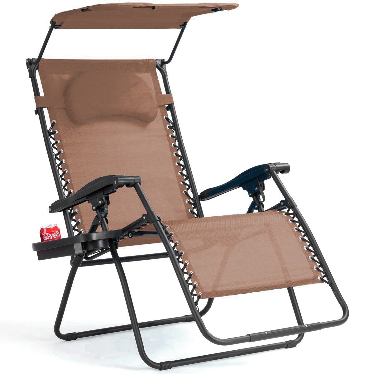 Folding Recliner Lounge Chair W / Shade Canopy Cup Holder