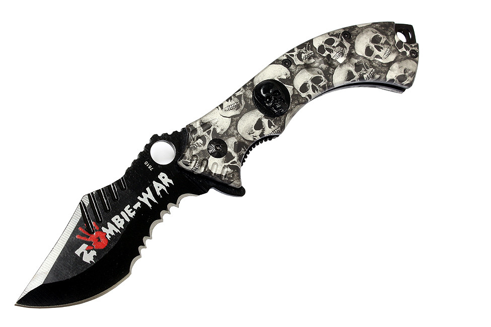 8.5 in. Zombie War Collection Grey Folding Spring Assisted Knife with Belt Clip