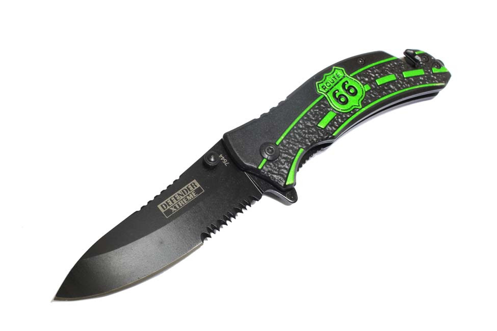 8 in. Defender Xtreme Spring Assisted Knife with Serrated Stainless Steel Blade - Green