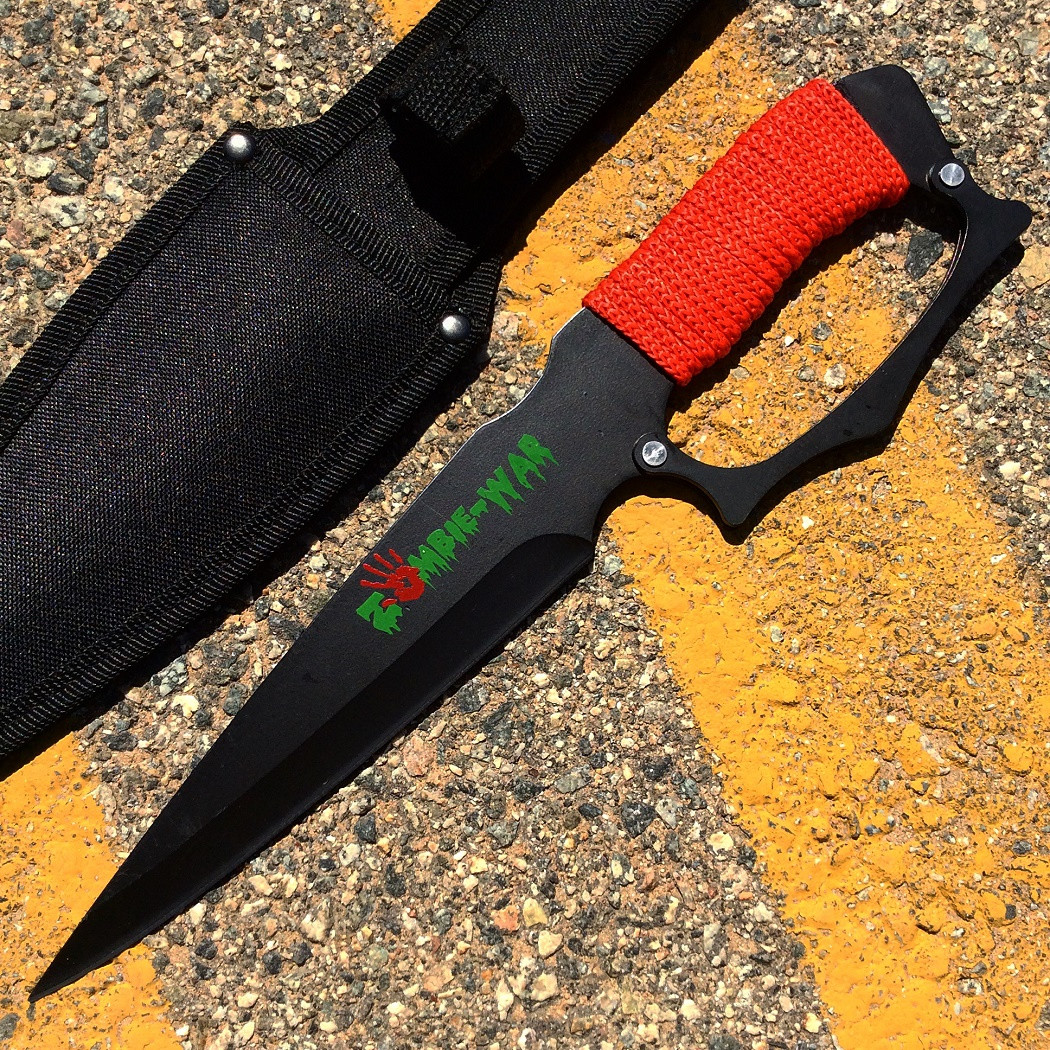 12 in. Zombie-War Hunting Knife Black Steel Red Cord Wrapped Handle with Sheath