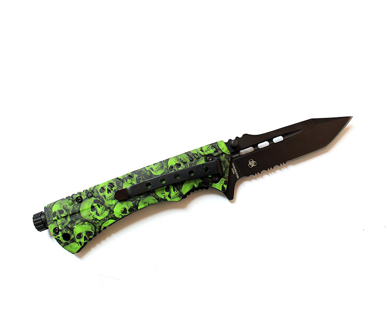 8.5 in. Zombie War Green & Black Skull Design Handle Spring Assisted Knife with Belt Clip & Fire Starter