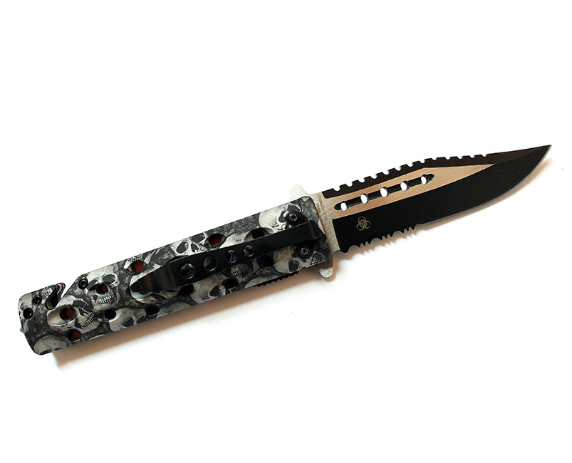 8.5 in. Zombie War Gray & Black Skull Design Spring Assisted Knife with Belt Clip