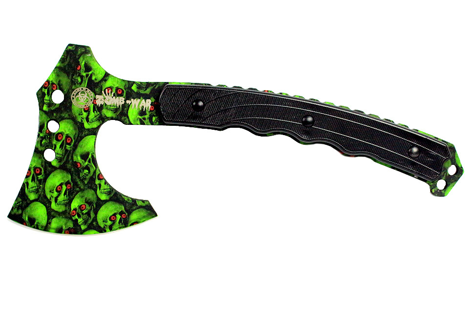 9.75 in. Zomb-War Tactical Axe Skull Design Green