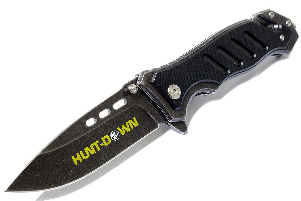 8.5 in. Hunt-down Spring Assisted Stone Wash Knife With Belt Clip & Belt Cutter