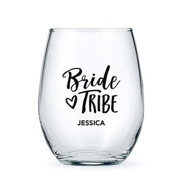 Personalized Stemless Wine Glass - Bride Tribe Print