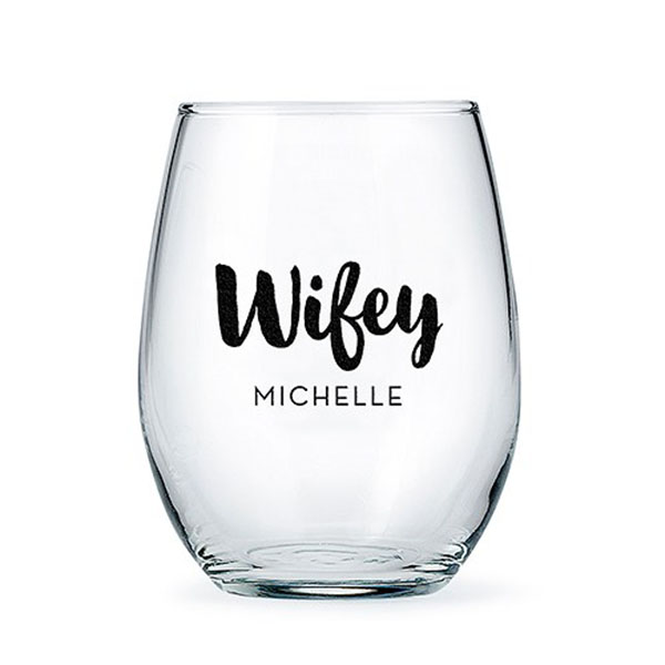 Personalized Stemless Wine Glass - Wifey Print