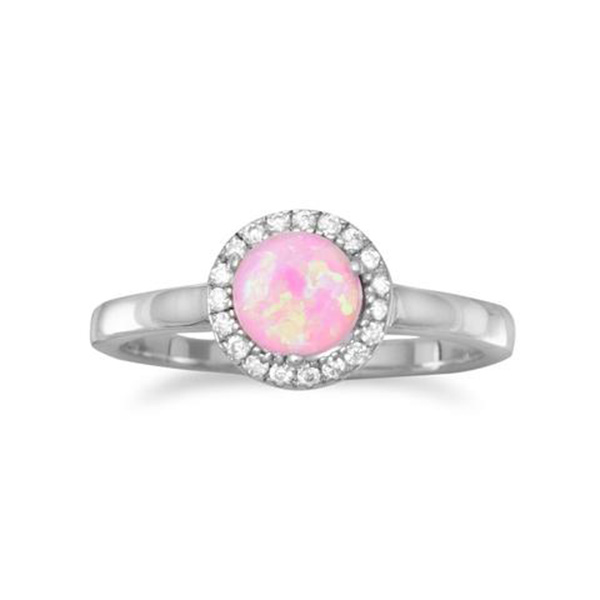 Rhodium Plated Synthetic Pink Opal and CZ Ring