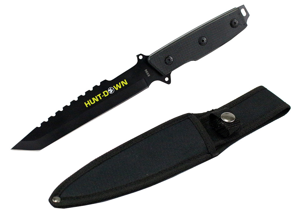 12 in. Hunt-Down All Black Tanto Blade Hunting Knife Ridged Edge with Nylon Sheath