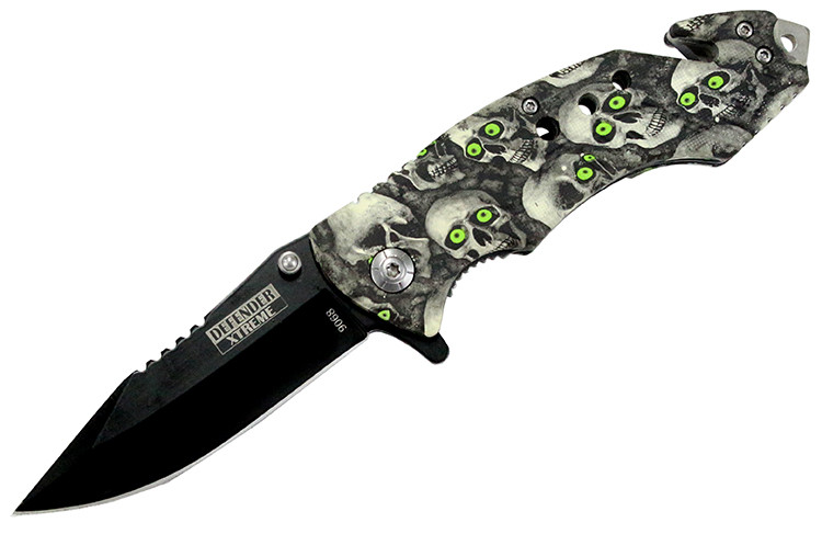 8 in. Spring Assisted Skull Handle Knife and Belt Cutter