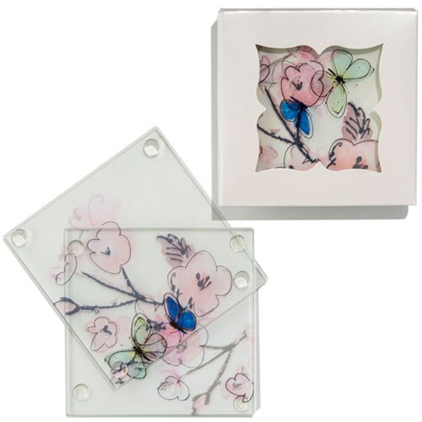 Hand Drawn Floral Glass Coaster Set - 4 Pieces