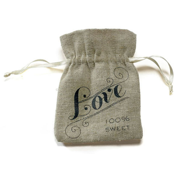 Mini Linen Drawstring Bags With Love Print - Pack of 12