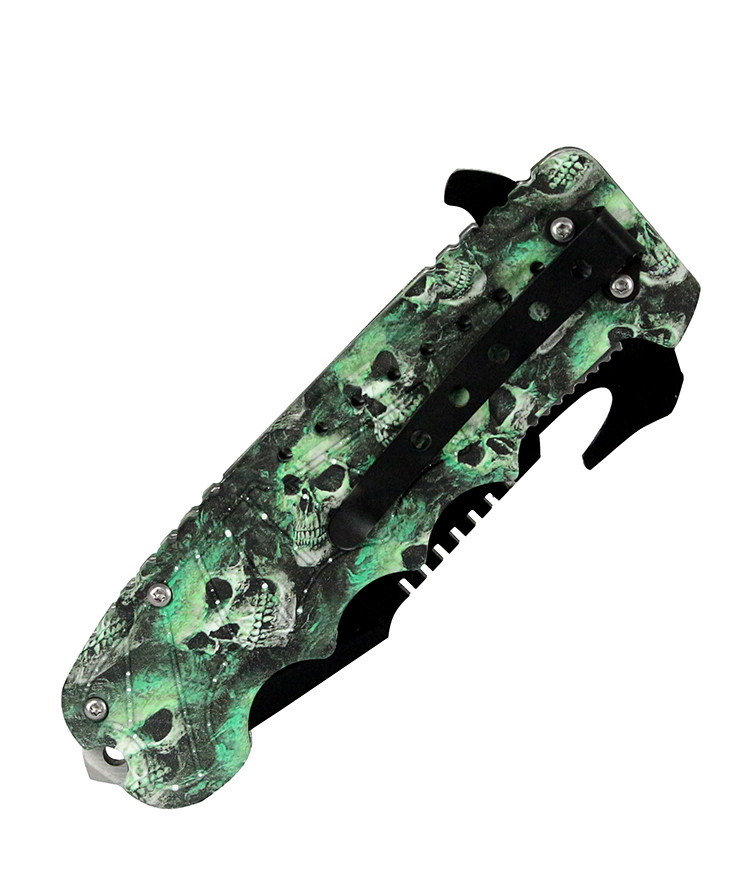 9 in. Defender Xtreme Folding Knife Green Skull Handle