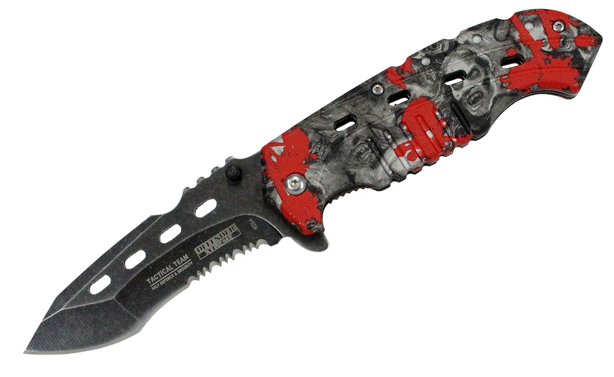 8 in. Defender Xtreme Serrated Spring Assisted Knife Red Zombie Handle with Belt Clip