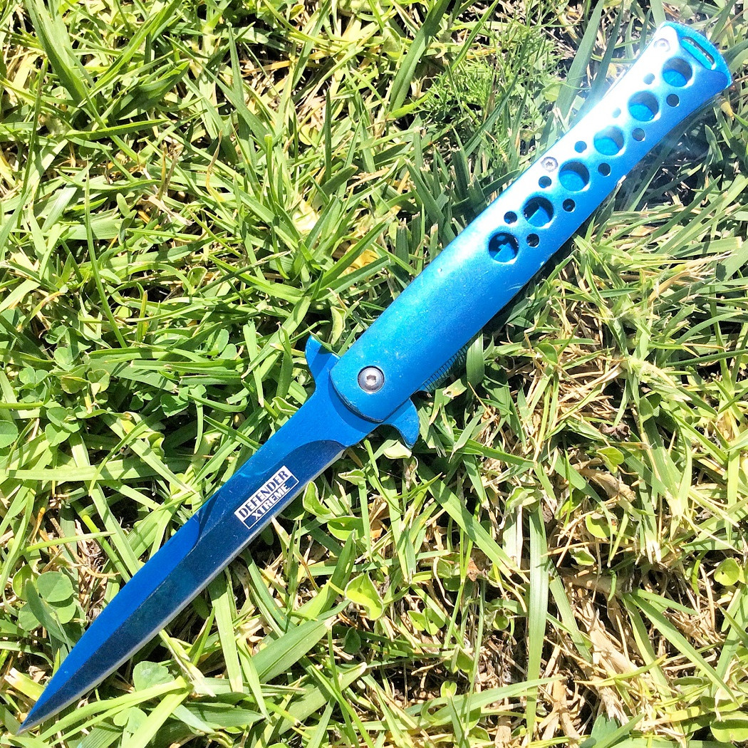 9.5 in. Defender Xtreme Spring Assisted Folding Knife Reflective Blue
