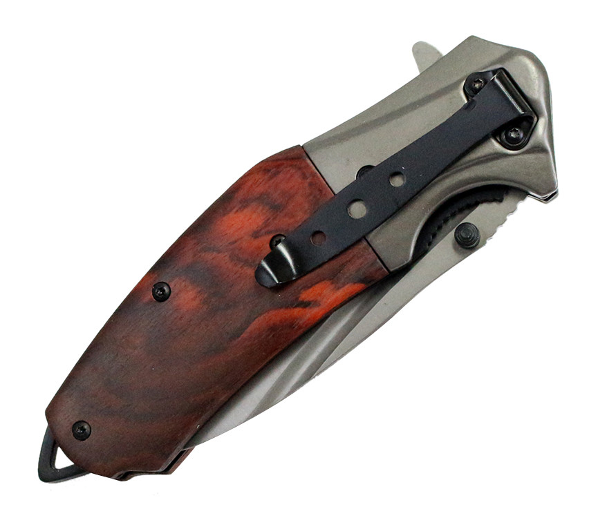 9 in. Hunt-Down Spring Assisted Wood Handle Knife with Belt Clip
