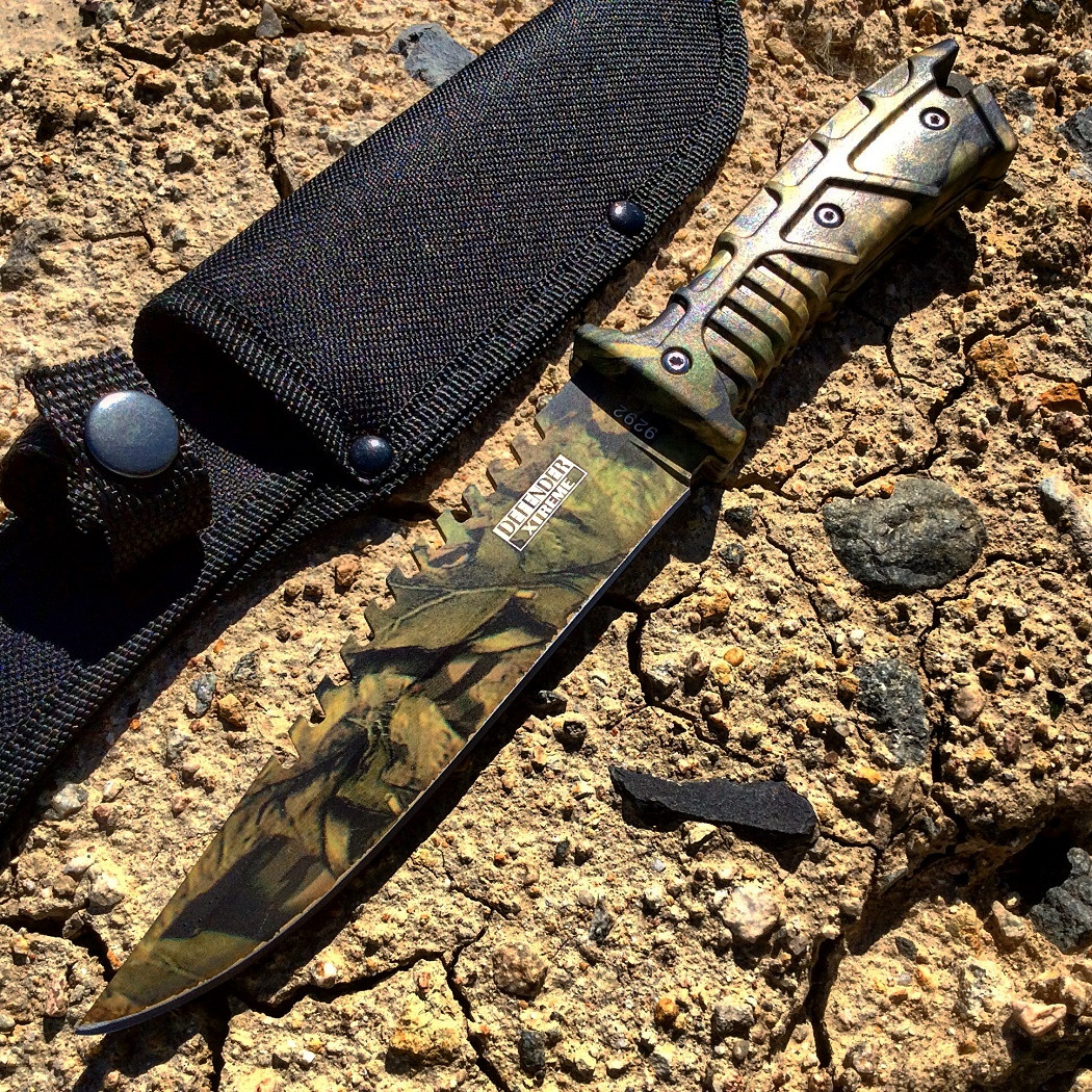 11 in. Defender Xtreme Full Tang Hunting Knife Woodland Brown Camo