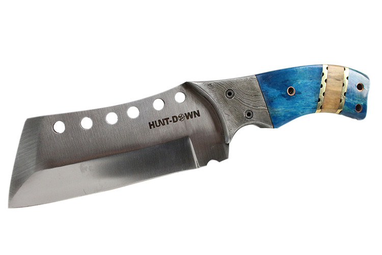 9 in. Huntdown Full Tang Hunting Knife with Damascus Handle and Leather Sheath