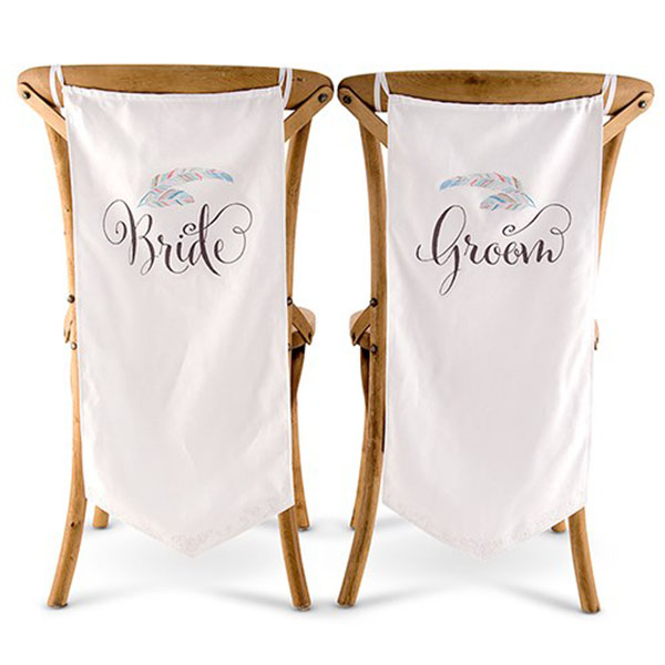 Feather Whimsy Bride And Groom Chair Banner Set