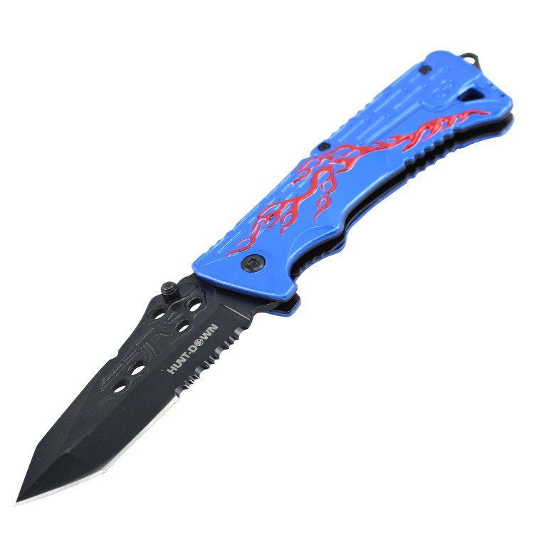 8 in. Hunt Down Blue Handle Spring Assisted Knife With Belt Clip