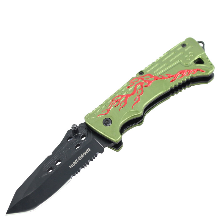 8 in. Hunt Down Green Handle Tactical Team Spring Assisted Knife With Belt Clip