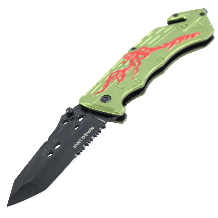 8 in. Hunt Down Green Handle Spring Assisted Knife With Belt Clip