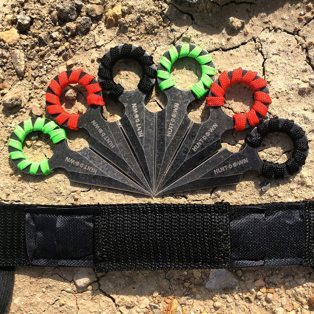 4 in. Hunt Down Red, Green & Black Rope Wrapped Around Handle Throwing Knives