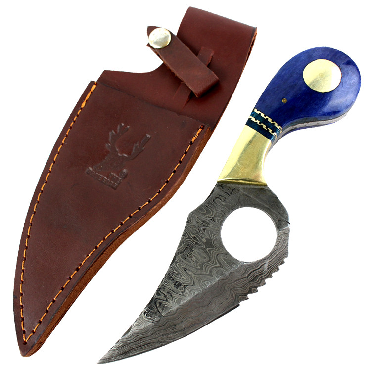 The Bone Edge 7.5 in. Damascus Blade Hunting Tactical Knife Blue Handle Leather Sheath