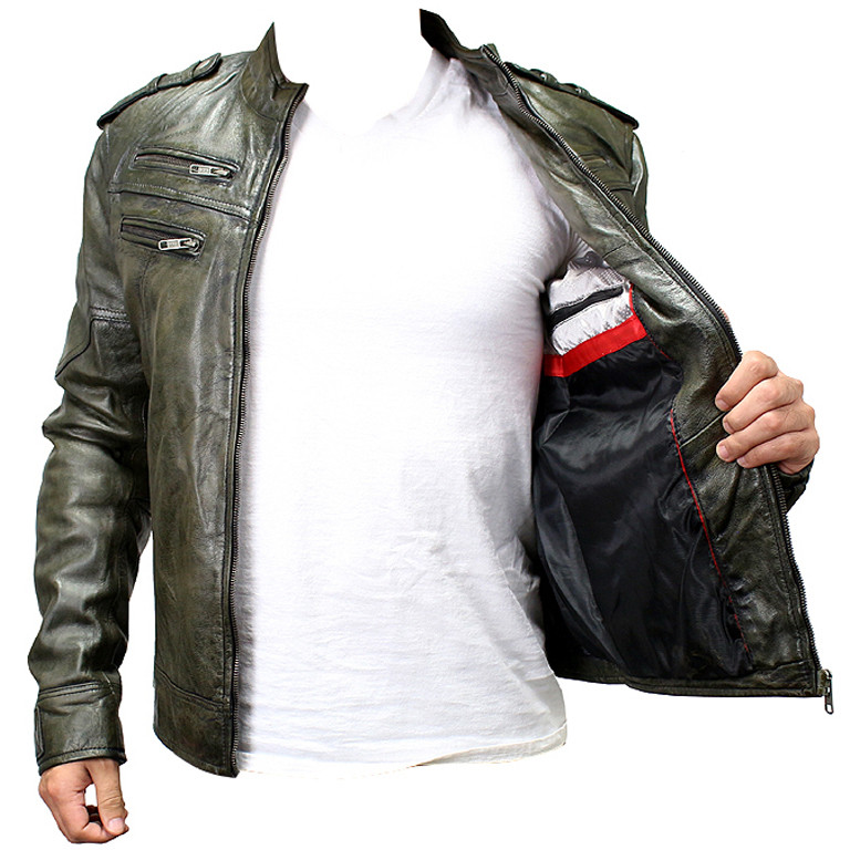 New Mens Genuine Sheep Skin Leather Fashion Jacket Green 4 Zipped chest Pocket