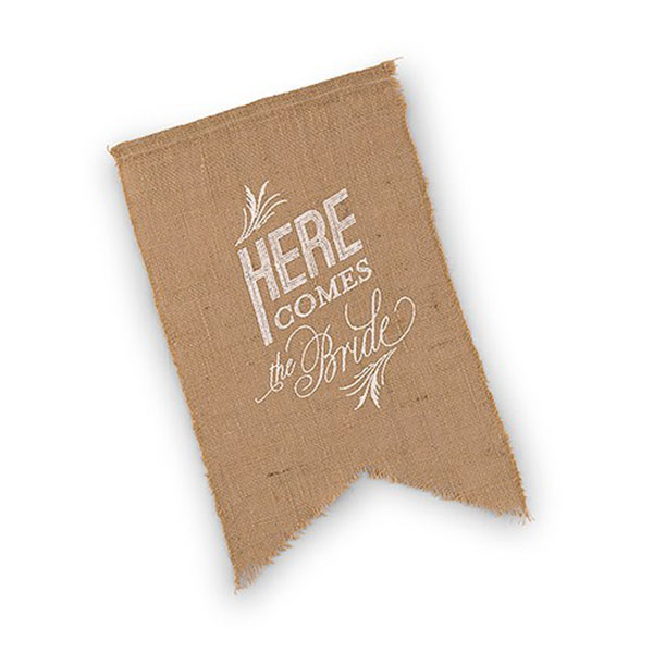 Natural Burlap Ceremony Sign - White Print Here Comes The Bride