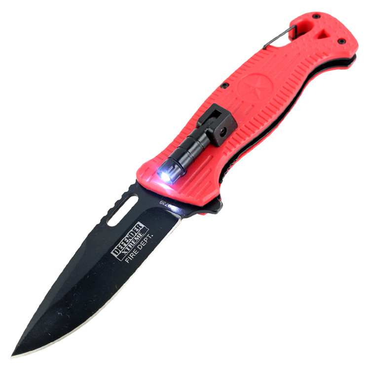 Defender-Xtreme 8 in. Spring Assisted Folding Knife Mini LED Flashlight Red Handle