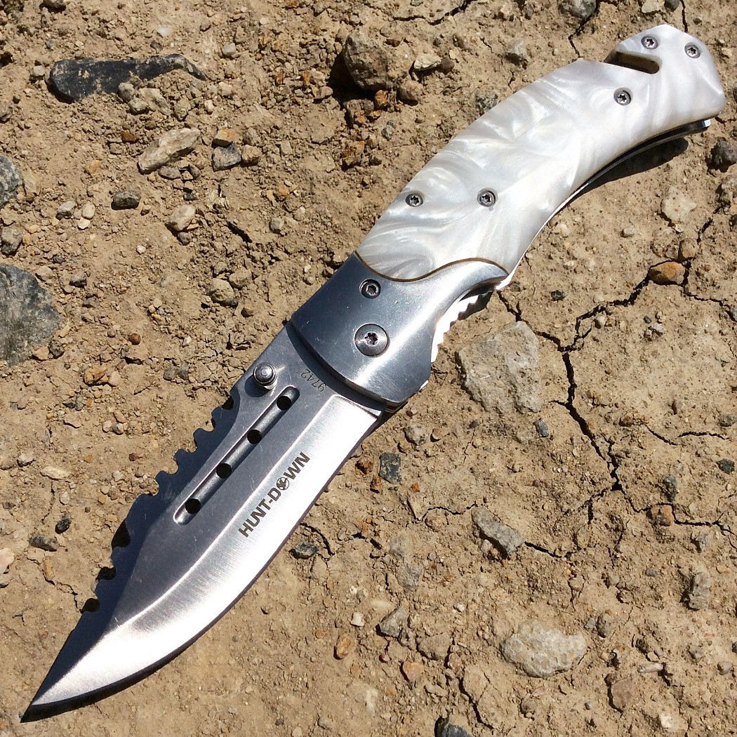 Hunt-Down 8 in. Spring Assisted Knife Tactical Rescue Pocket Knife - White Swirl Handle