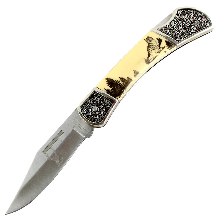 High Quality 7.5 in. The Bone Edge Folding Knife Wolf & Wilderness Design Handle