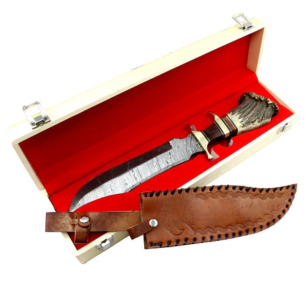 17 in. Damascus Steel Real Stag Horn Handle Hunting Knife Hand Made With Leather Sheath