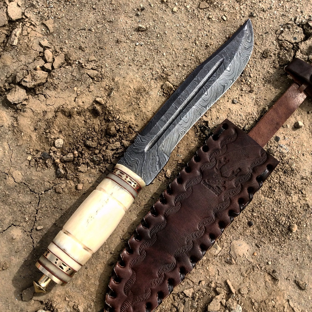 The Bone Edge 13 in. Damascus Fixed Blade Handmade Steel Hunting Knife Bone Handle